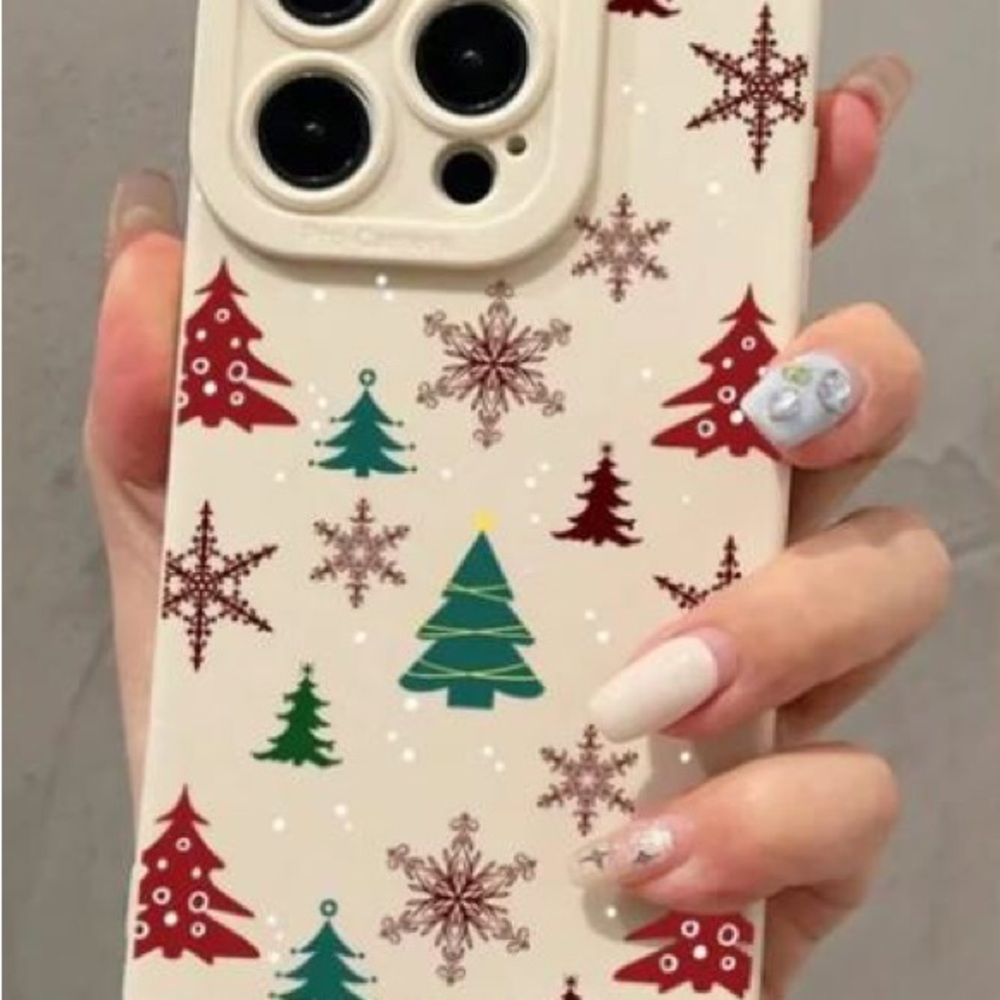Festive Holiday Phone Case - Cream with Red and Green Trees